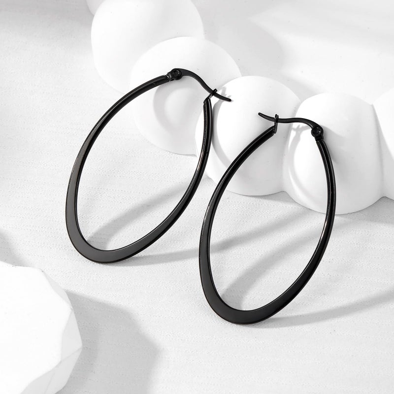 MengPa Oval Hoop Earrings for Women Stainless Steel Black Plated Lightweight Jewelry US1281B - Image 2